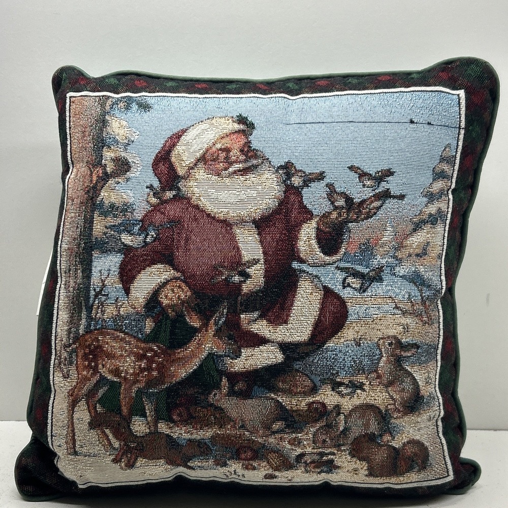 Vintage Christmas Tapestry Throw Pillow 16x16" Santa With Woodland Friends